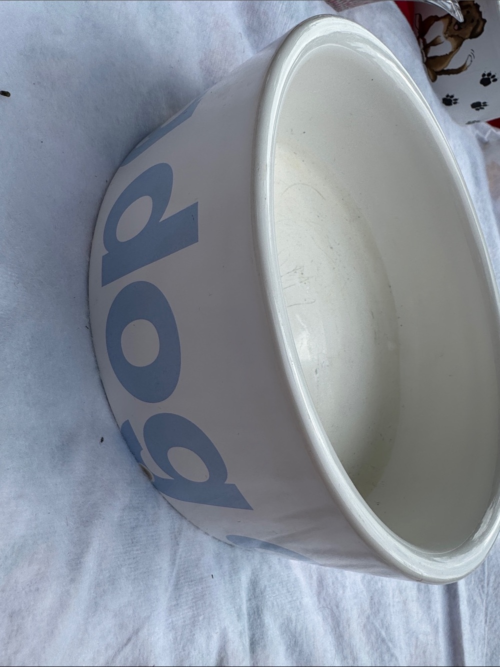 Ceramic White Pet Bowl with Light Blue Lettering - Home Art
